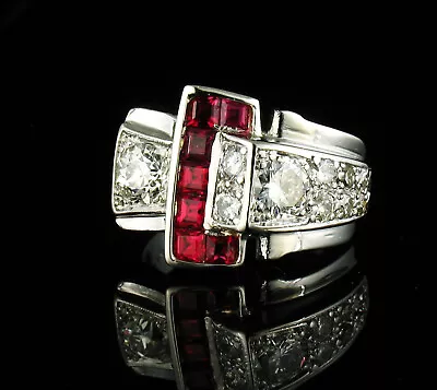 Art Deco Vintage Fine Natural Ruby Old European Cut Diamond Platinum Pinky Ring • $1