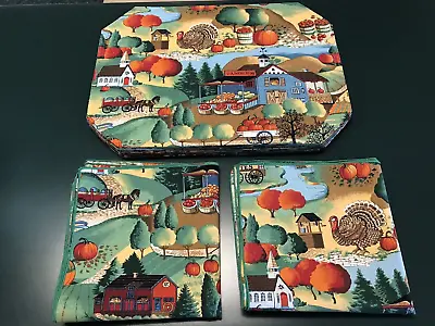 Vintage Thanksgiving Autumn 10 Placemats & 10 Napkins Set Pumpkin Scarecrow Farm • £33.68