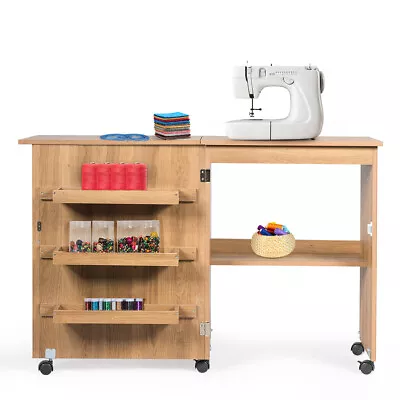 Folding Sewing Craft Table W/Storage Shelf Rolling Home Furniture Natural • $99.99