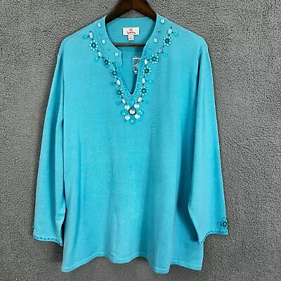 Quacker Factory Top Womens 3X Blue Jewel Rhinestone Beaded V Neck Pullover • $24.99