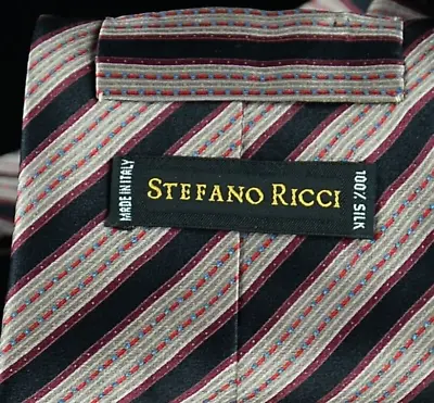 Stefano Ricci Mens 100% Silk Tie Size 60X3.75  Black/Red Striped Made In Italy • $44.99