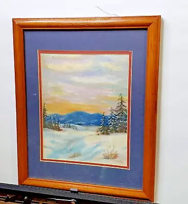 Vintage Framed Watercolor Painting Winter Scene  Mountains Snow Framed Matted • $30