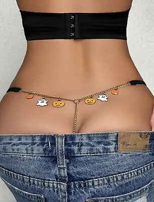 Ghost Pumpkin Skeleton Skull Thong Charm Chain Panties T String Body Jewelry S/M • £18.31