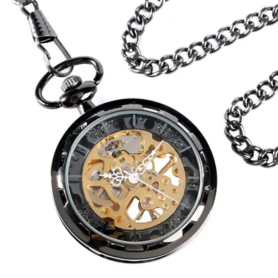 Men's Hand Winding Mechanical Pocket Watch With Chain Open Face Skeleton Gifts • £19.19