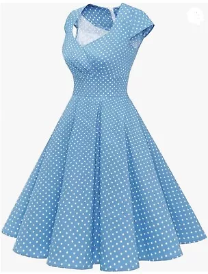 Retro Rockabilly 50s/60s Swing Party Cocktail Dress Blue White Polkadots Size XL • £25