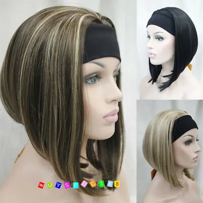 Ladies Cute Short BOB 3/4 Wig With Headband 5 Color Straight Wigs • £10.60