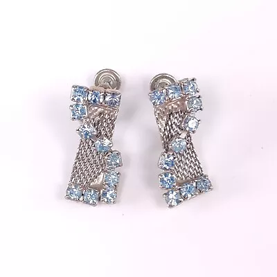 Vintage Clip-On Earring Mesh Dangle Blue Sapphire Silver Plate Womens Jewelry • $14.99