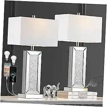 Modern Table Lamp Set Of 2 Touch Control Mirror Diamond Crystal Bedside Silver • $150.18