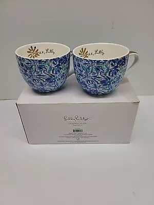Lilly Pulitzer Mugs Set 2 Blue Floral Gold White Porcelain Coffee/Tea Cups 12 Oz • $19.99
