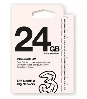 Three Mobile Broadband Sim Card With 24GB Data For Use In IPad Tablet Dongle • £91.98