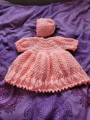 £9.50 • Buy New Hand Knit 0-3m Peach Baby Dress Please See Description And Photos