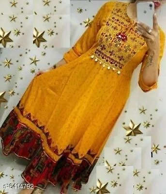 Women Mustard Yellow Long Flared Kurti Kurta Designer Gown Anarkali A-Line Dress • $41.79