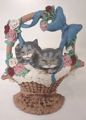 Vintage Cast Iron Two Gray Cats In Basket W/Blue Ribbon & Roses Doorstop  • $35