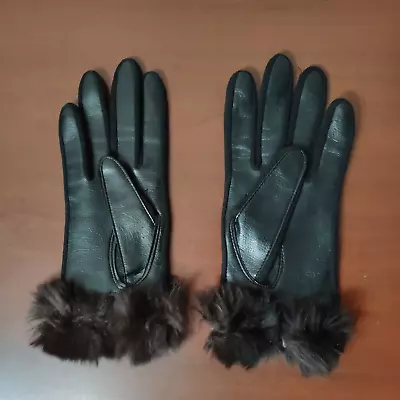 Woman Black Nylon Fancy Gloves Rabbit Brown Fur Cuffs Size M J015 • $19.99