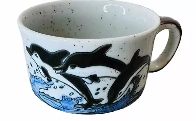 Vintage Speckled Coffee Mug Cup Beige Dolphin Porpoise Ocean Retro Collectable • $12.50