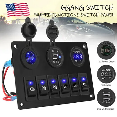 6 Gang Blue LED Toggle Rocker Switch Panel Dual USB For Car Boat Marine RV Truck • $26.99