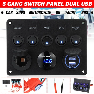 $25.99 • Buy Car 5 Gang 12V Switch Panel LED Rocker USB ON-OFF Toggle For Boat Marine Caravan
