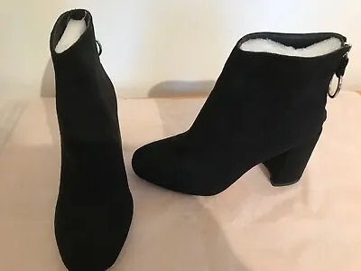 London Rebel Boots Black 4  Block Heel Rear Zip Faux Suede Wide Fit Uk 6 E 39 • £19.99