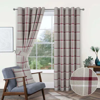 1 Pair Of HUDSON Woven Checked Tartan Eyelet Kitchen Bedroom Lounge Curtains • £7.99