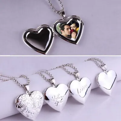 Heart Photo Picture Locket Necklace I Love You Pendant Silver Chain Jewelry Gift • £4.85