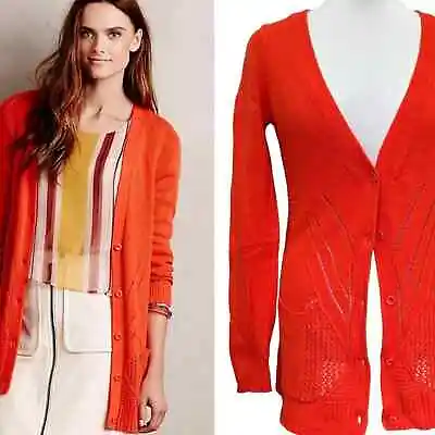 Anthropologie Moth Long Woven Cotton Blend V-Neck Cardigan Women's Size Small • $14.70