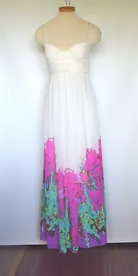 AIDAN MATTOX White Pink Flower Spaghetti St Evening Gown Long Dress Size 6/8 • $55