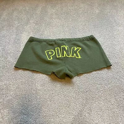 Victorias Secret PINK Short Womens Medium Y2K Green Spellout Booty Cut Off Sweat • $19.99