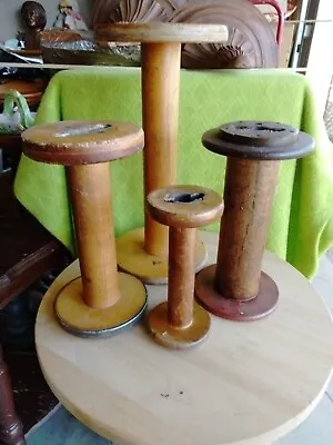 Vintage Lot Of 4 Industrial Wood Textile Mill Spool Bobbin Spindles  Stands • $20