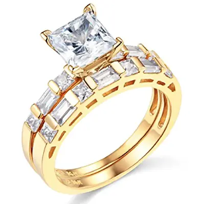 2.60 Ct Princess Engagement Wedding Ring Set Real 14K Yellow Gold Matching Band • $470.40
