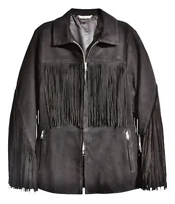 $349 H&M Black Genuine Suede Leather Motorcycle Fringe Jacket Size 4 Boho • $86.90