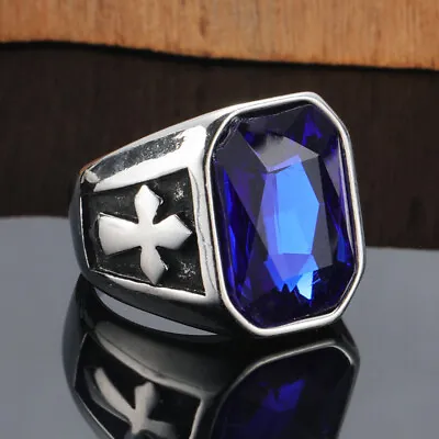 Vintage Cross Blue CZ Inlay Wedding Biker Ring Stainless Steel Solid Size 7-13 • $12.98