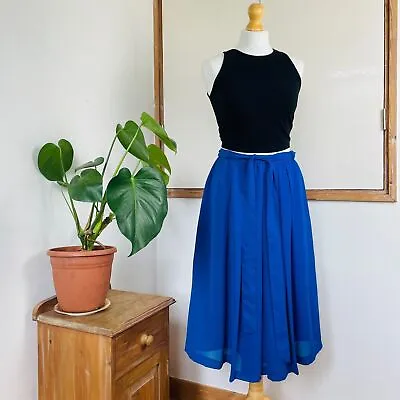 Vintage 80s Royal Blue Flared Pleated Tie Belt Skirt 12 • £10