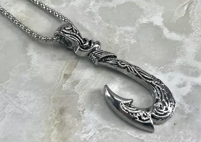 Mens Hawaiian Fishing Fish Hook Pendant Necklace Stainless Steel Jewelry • $8