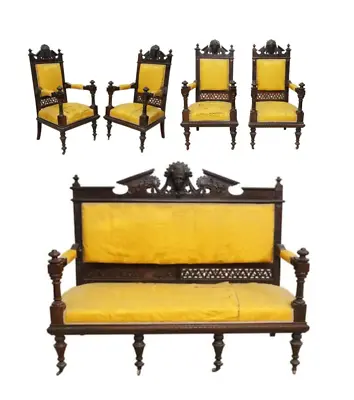 Antique Parlor Set Five Pc. Victorian Figural Carved & Upholstered  1800s!! • $3975