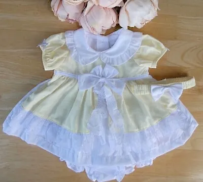 Baby Girl Dress Set Yellow White Lace Frill Trim Bows Headband Knickers 0 To 9m • £12.90