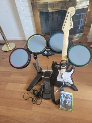 $275 • Buy RockBand BUNDLE Xbox 360 Tested Wired Drums & Guitar, Pedal, Mic, Game No Stick