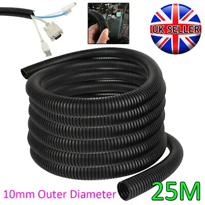25M 10mm Conduit Split Tube Cable Tidy Corrugated Flexible Loom Trunking Hose UK • £16.49