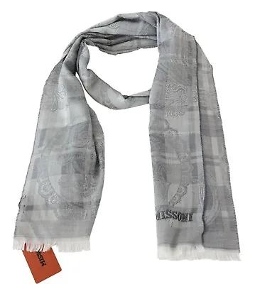 MISSONI Scarf Gray Floral Wool Unisex Neck Wrap Fringes Logo 180cm X 45cm $340 • $89.50