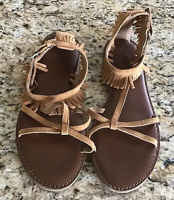 $12 • Buy American Eagle Outfitters Camel Suede Sandals With Fringe Size 9 Worn Once