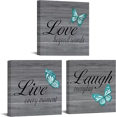 £49.77 • Buy 3 Piece Teal Butterfly Canvas Wall Art Love Laugh Live Sign Painting Picture Gra