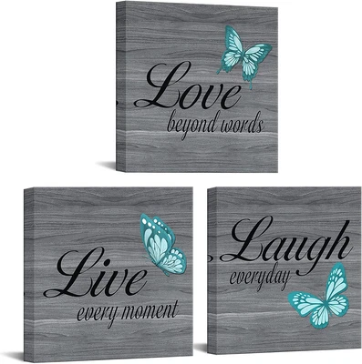 £49.77 • Buy 3 Piece Teal Butterfly Canvas Wall Art Love Laugh Live Sign Painting Picture Gra