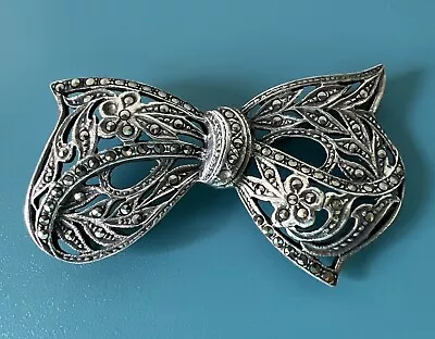 Vintage Sterling Silver Marcasite Bow Brooch - 2.25” - 11.6 Grams • $24