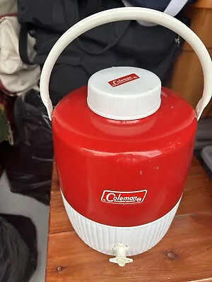 Vintage COLEMAN THERMOS Red Metal Top 2 Gallon Large Water Jug Camp Work  USA • $38