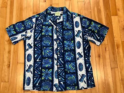 Vintage Ui Maikai Sz L Hawaiian Aloha Shirt - Pineapple Floral Masks Tribal Blue • $125