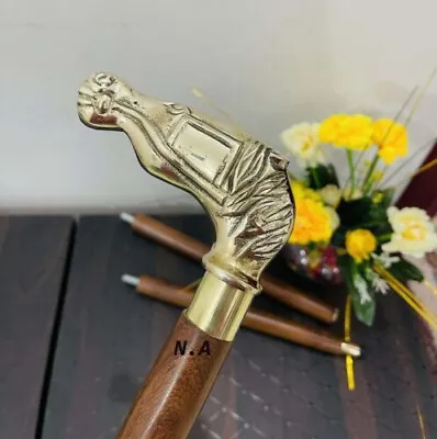 $34.99 • Buy Natural Brown Horse Wooden Cane Stylish Head Walking Cane Brass Finish Handle