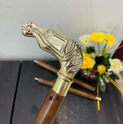 $34.99 • Buy Natural Brown Horse Wooden Cane Stylish Head Walking Cane Brass Finish Handle