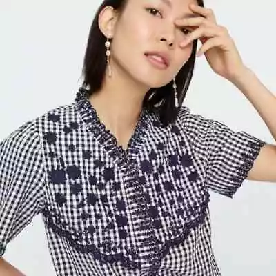 J Crew XS Embroidered Gingham Top AN406 Navy White • $20