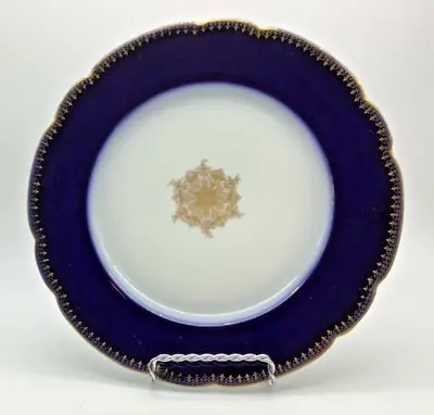 J Pouyat Limoges Cobalt Blue Border W/Gold Medallion 8.5” Scalloped Edge Plate • $32