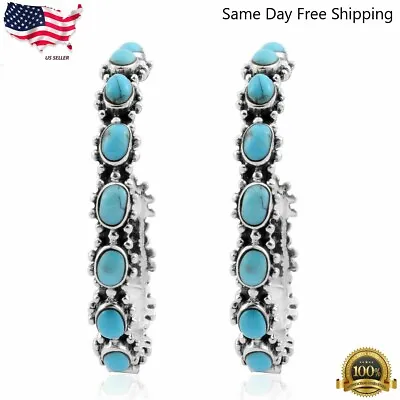 $4.99 • Buy Elegant Silver Plated Turquoise Hoop Hoops Earring Jewelry Lab-Created