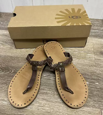 Ugg Bria Leather Brown Braided Toe Thong Flip Flop Sandals Women's Size 6 • $24.99